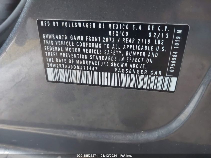 2013 VOLKSWAGEN JETTA 2.0L S - 3VW2K7AJ9DM271447