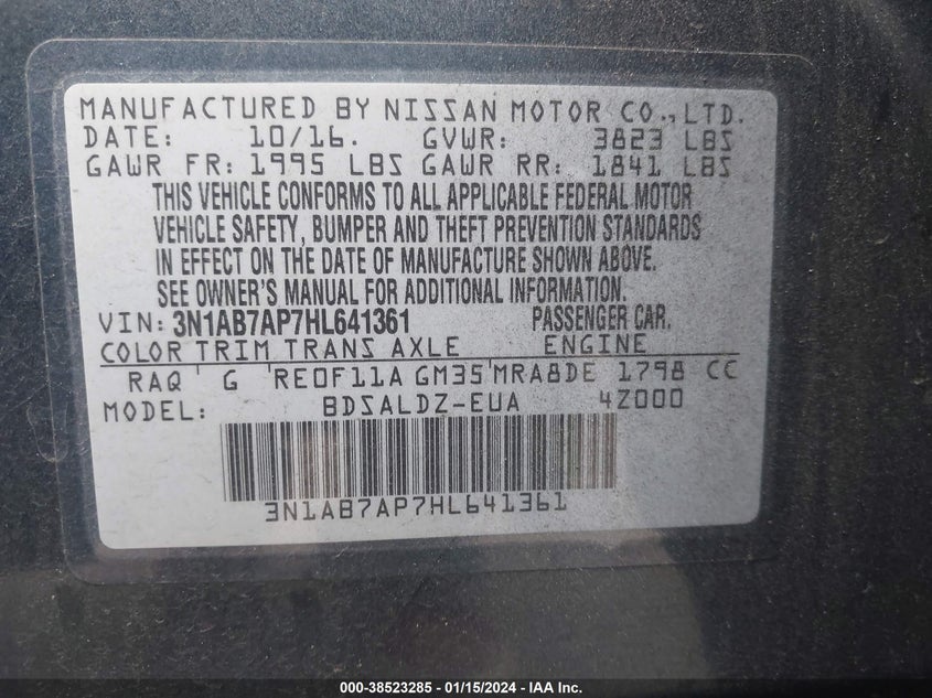 VIN 3N1AB7AP7HL641361 2017 NISSAN SENTRA SV