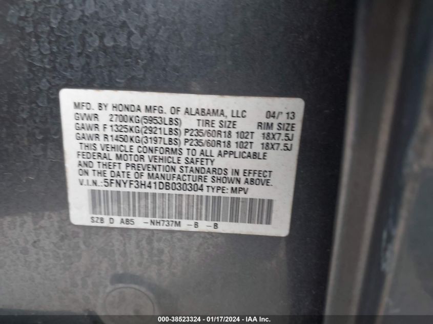 2013 HONDA PILOT EX - 5FNYF3H41DB030304