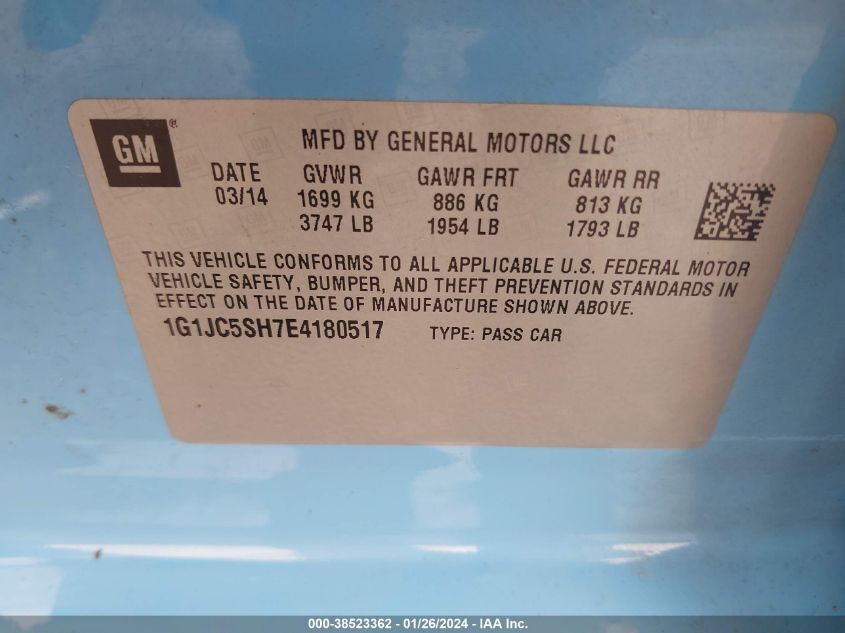 2014 CHEVROLET SONIC LT AUTO - 1G1JC5SH7E4180517
