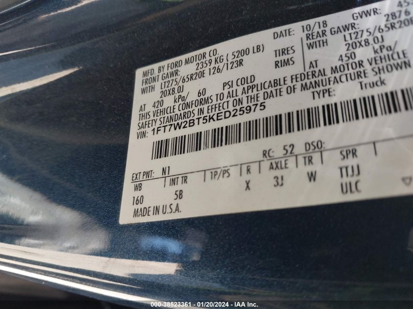 2019 FORD F-250 SUPER DUTY - 1FT7W2BT5KED25975