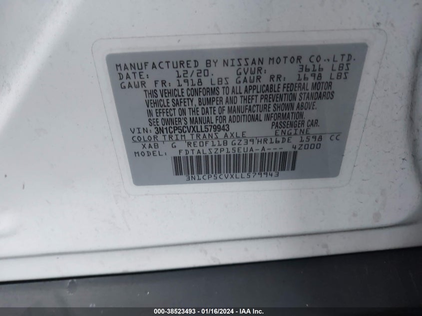 VIN 3N1CP5CVXLL579943 2020 NISSAN KICKS SV