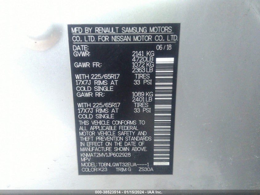 VIN KNMAT2MV1JP602928 2018 NISSAN ROGUE S/SV