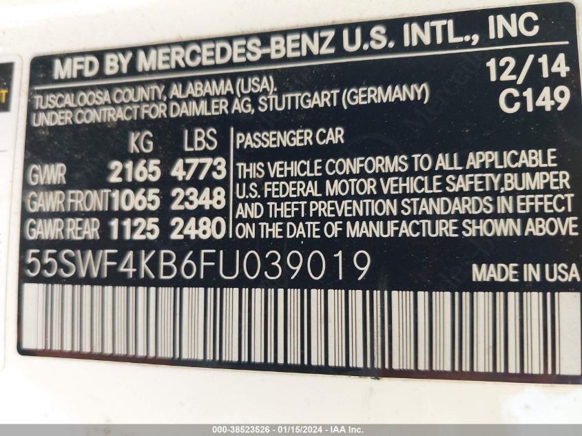 2015 MERCEDES-BENZ C 300 4MATIC/LUXURY 4MATIC/SPORT 4MATIC - 55SWF4KB6FU039019