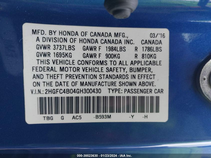 2016 HONDA CIVIC LX - 2HGFC4B04GH300430