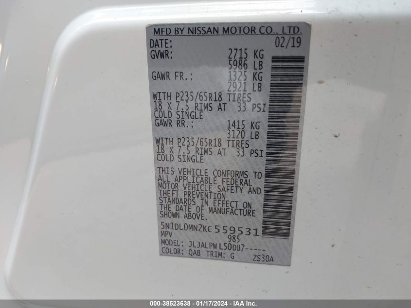 2019 INFINITI QX60 PURE - 5N1DL0MN2KC559531