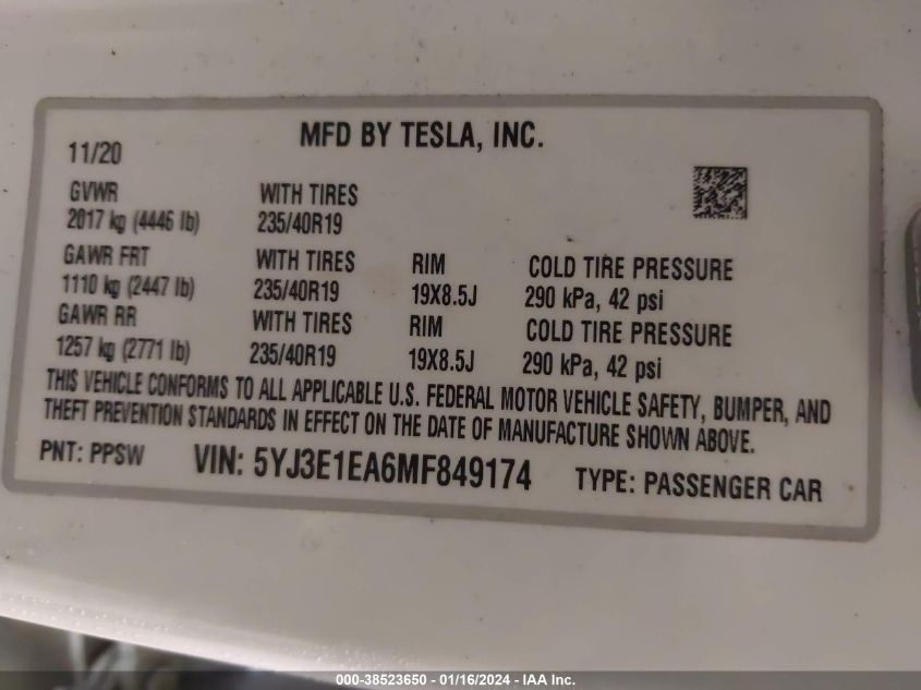 2021 TESLA MODEL 3 STANDARD RANGE PLUS REAR-WHEEL DRIVE - 5YJ3E1EA6MF849174