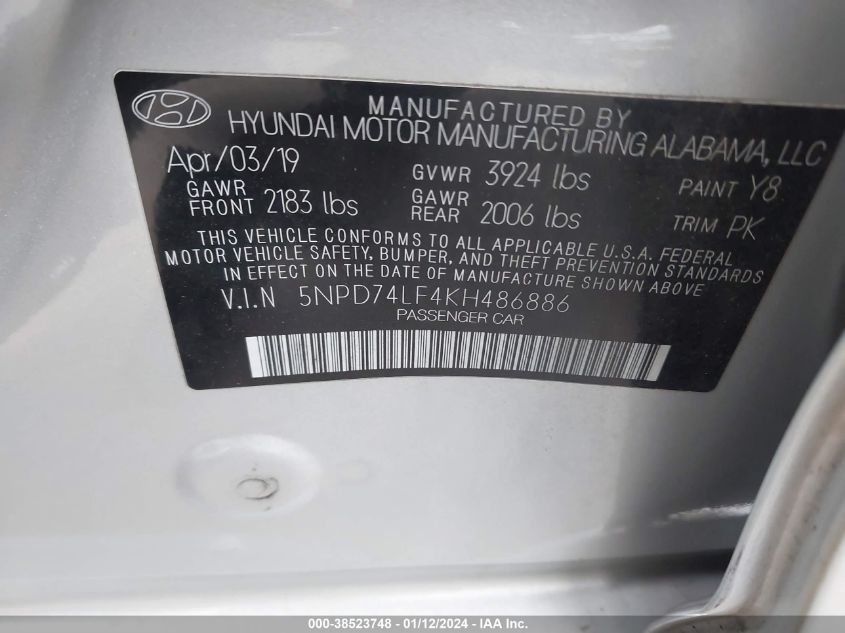 2019 HYUNDAI ELANTRA SE - 5NPD74LF4KH486886