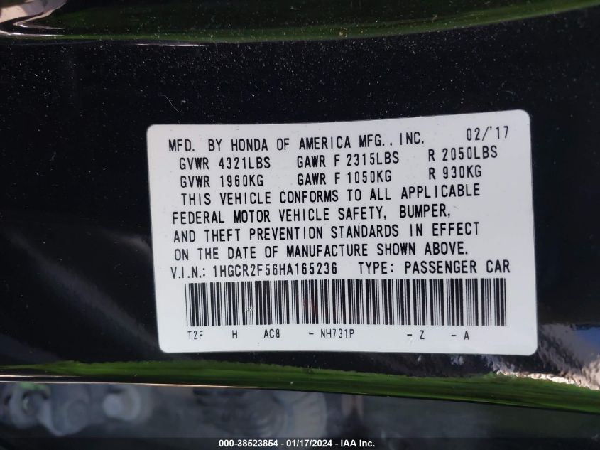 2017 HONDA ACCORD SPORT - 1HGCR2F56HA165236