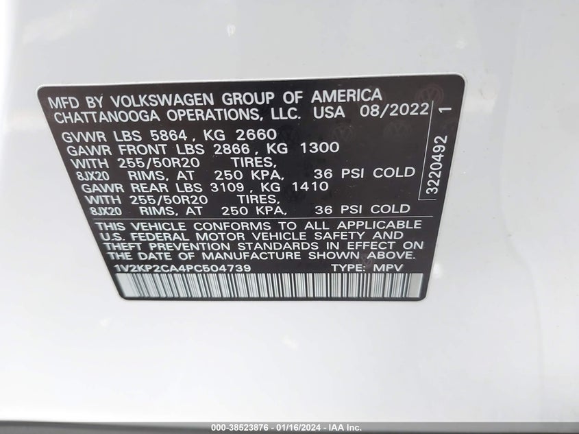 VIN 1V2KP2CA4PC504739 2023 VOLKSWAGEN ATLAS SE