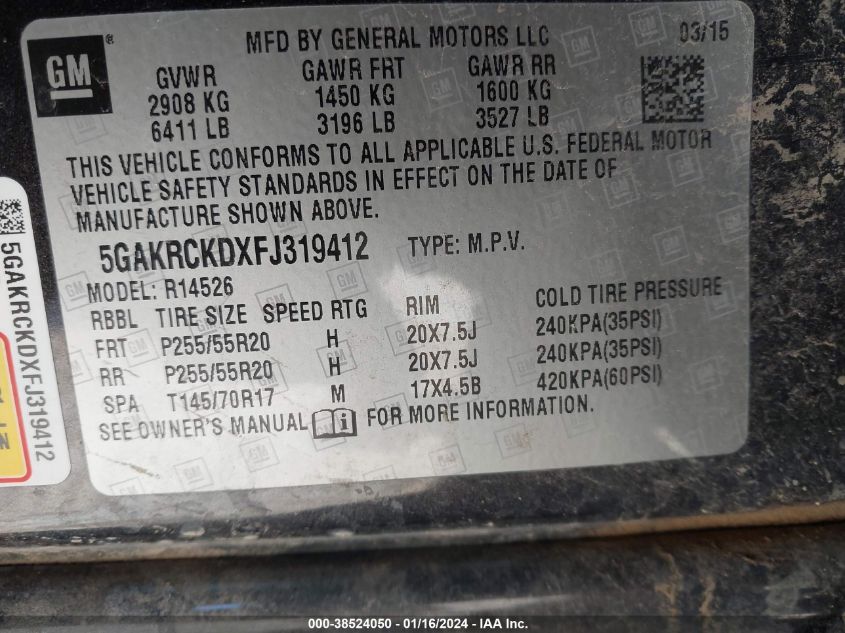 2015 BUICK ENCLAVE - 5GAKRCKDXFJ319412