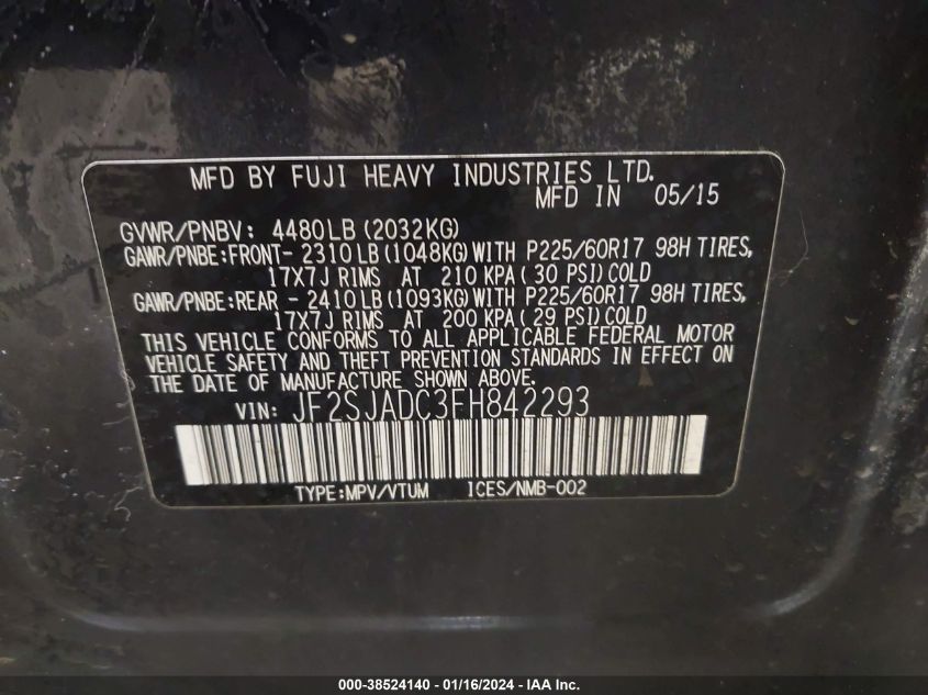 2015 SUBARU FORESTER 2.5I PREMIUM - JF2SJADC3FH842293