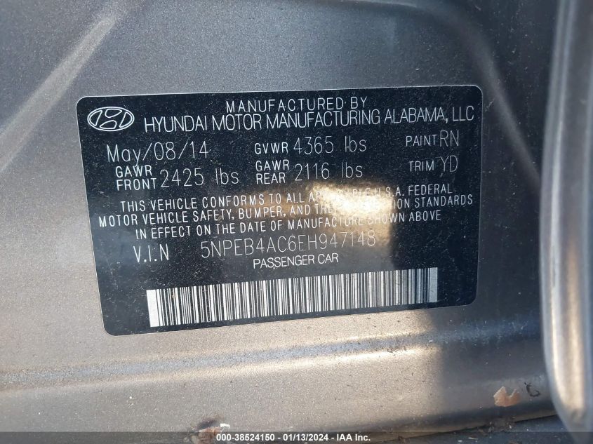 2014 HYUNDAI SONATA GLS - 5NPEB4AC6EH947148