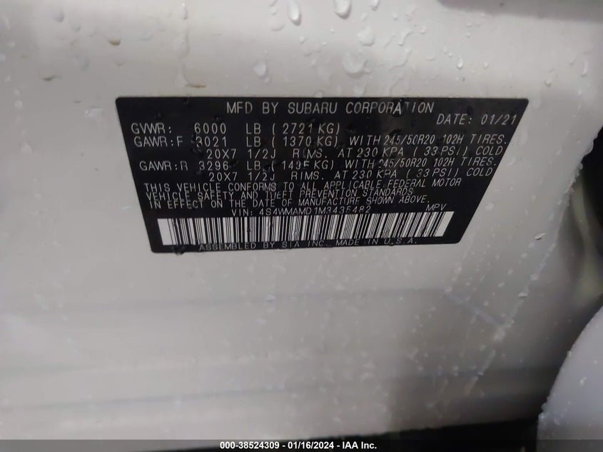 VIN 4S4WMAMD1M3435482 2021 SUBARU ASCENT LIMITED