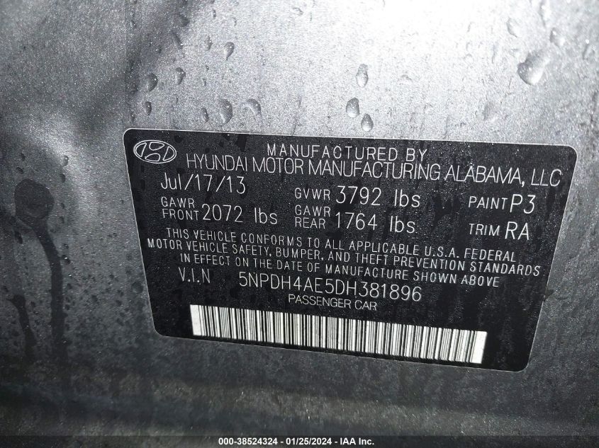 2013 HYUNDAI ELANTRA GLS - 5NPDH4AE5DH381896