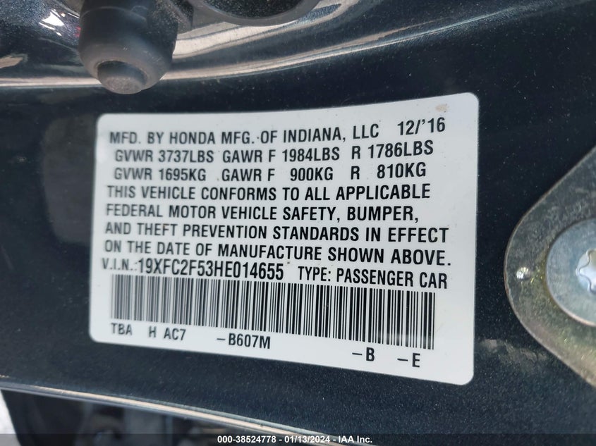 VIN 19XFC2F53HE014655 2017 HONDA CIVIC LX