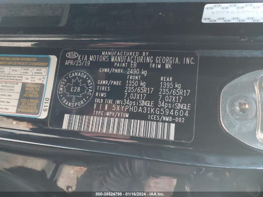 2019 KIA SORENTO EX/EX SPORT - 5XYPHDA31KG594604