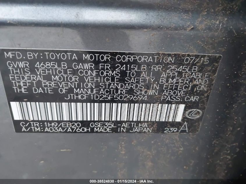 2015 LEXUS IS 250 - JTHCF1D25F5029694