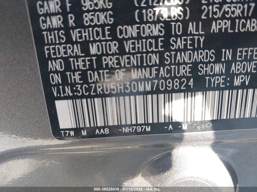2021 HONDA HR-V VIN: 3CZRU5H30MM709824