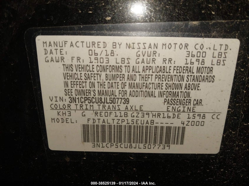 VIN 3N1CP5CU8JL507739 2018 NISSAN KICKS SR