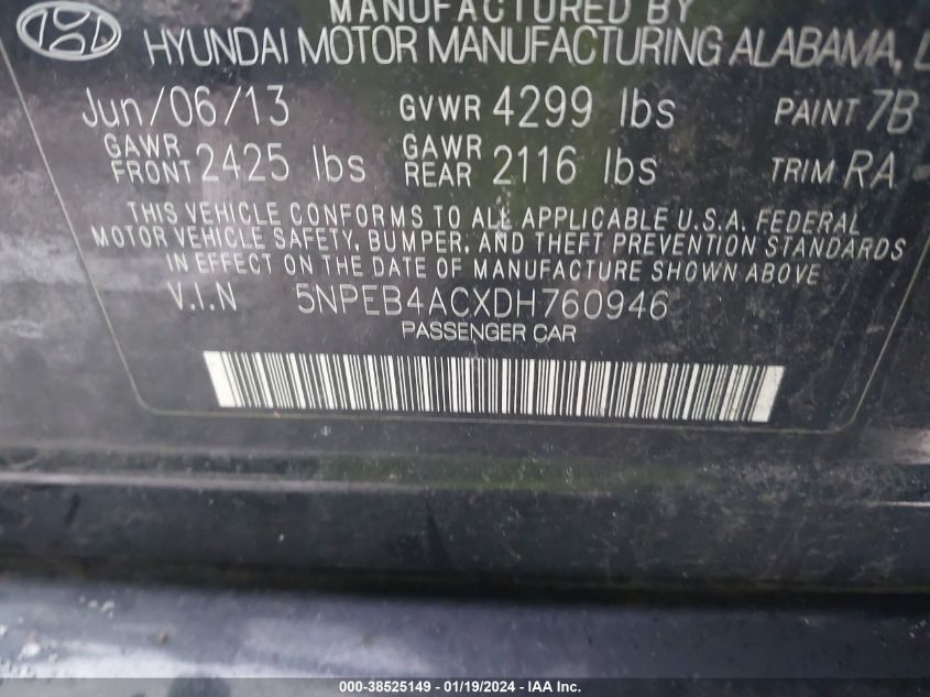 5NPEB4ACXDH760946 | 2013 HYUNDAI SONATA