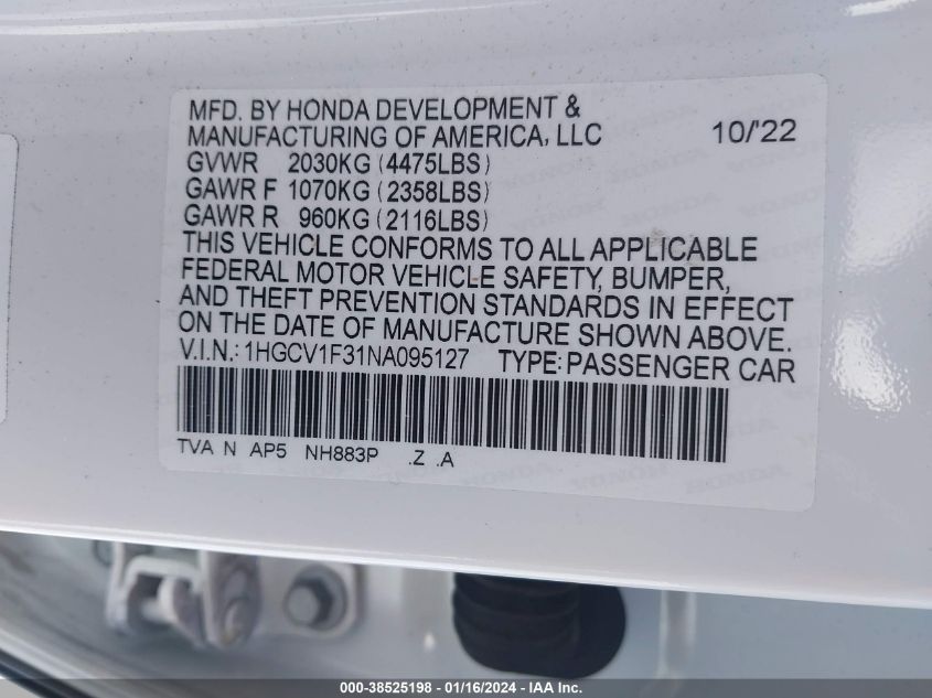 2022 HONDA ACCORD SPORT - 1HGCV1F3INA095127