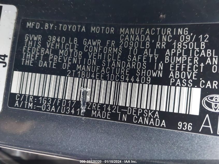 2013 TOYOTA COROLLA S - 2T1BU4EE1DC944409