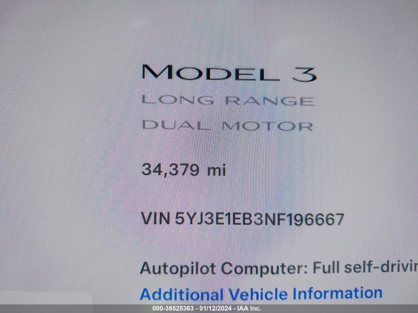 VIN 5YJ3E1EB3NF196667 2022 TESLA MODEL 3 LONG RANGE DUAL MOTOR ALL-WHEEL DRIVE