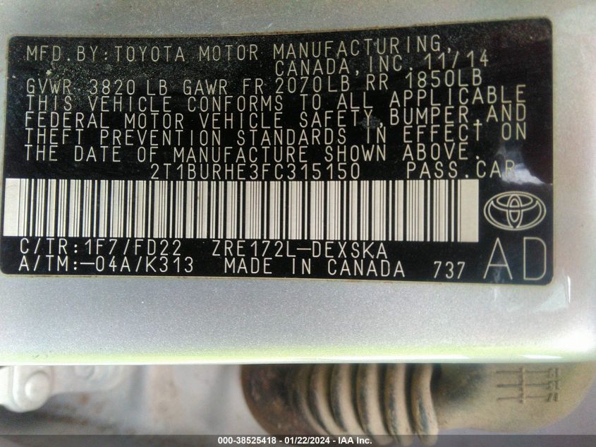 2015 TOYOTA COROLLA S PLUS - 2T1BURHE3FC315150