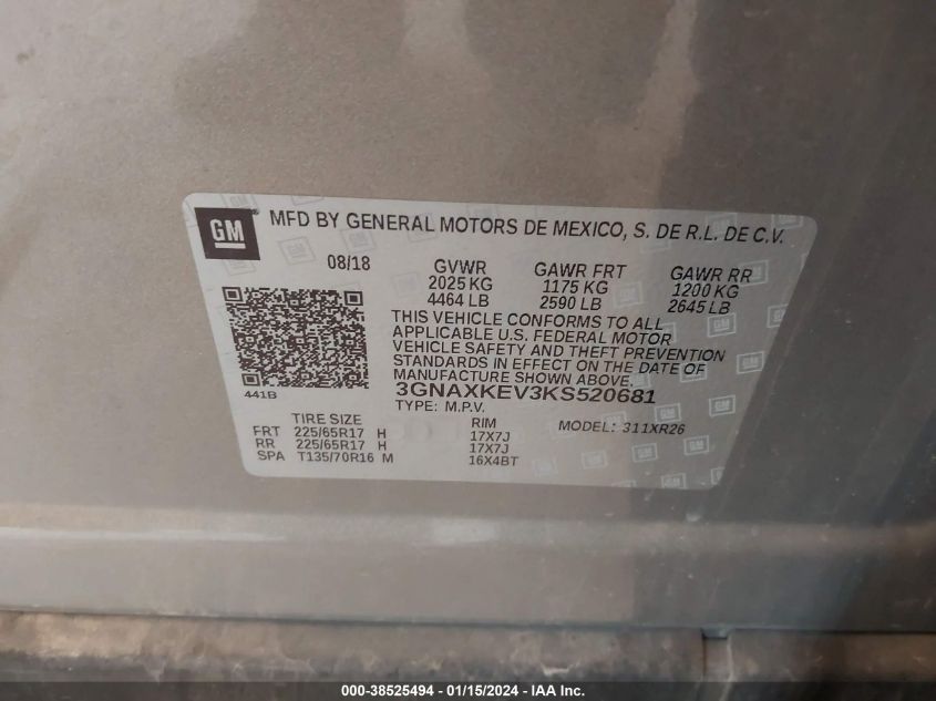 2019 CHEVROLET EQUINOX LT - 3GNAXKEV3KS520681
