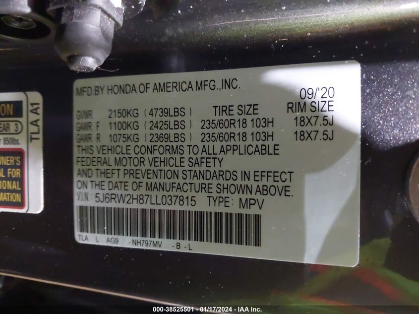 VIN 5J6RW2H87LL037815 2020 HONDA CR-V EXL
