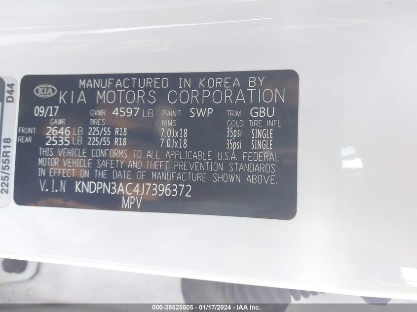 VIN KNDPN3AC4J7396372 2018 KIA SPORTAGE EX