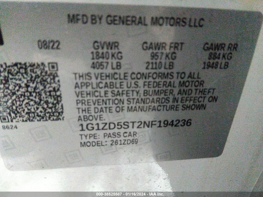 2022 CHEVROLET MALIBU FWD LT - 1G1ZD5ST2NF194236