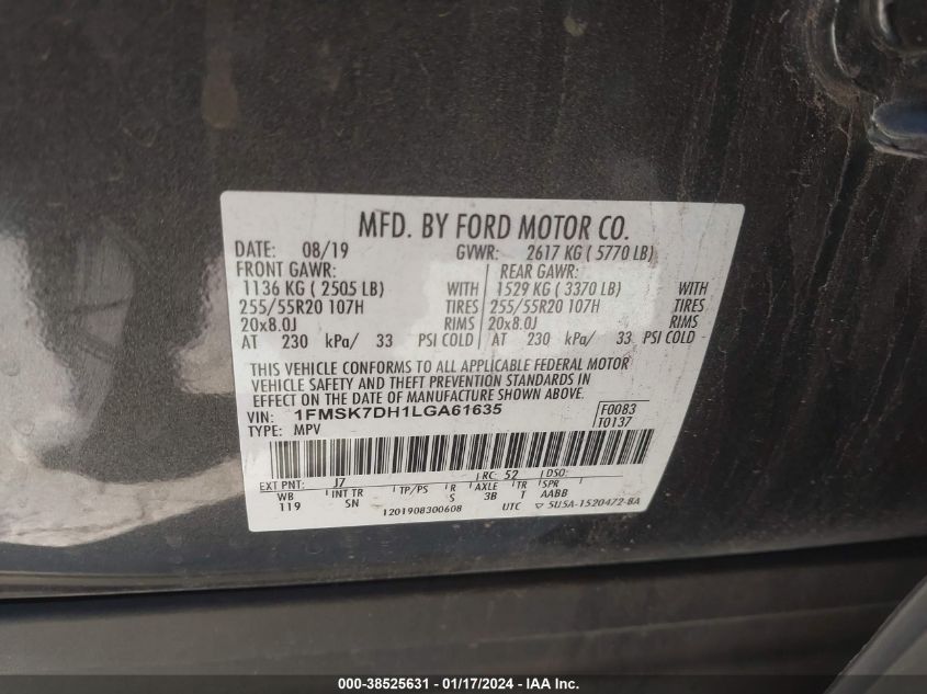 2020 FORD EXPLORER XLT - 1FMSK7DH1LGA61635