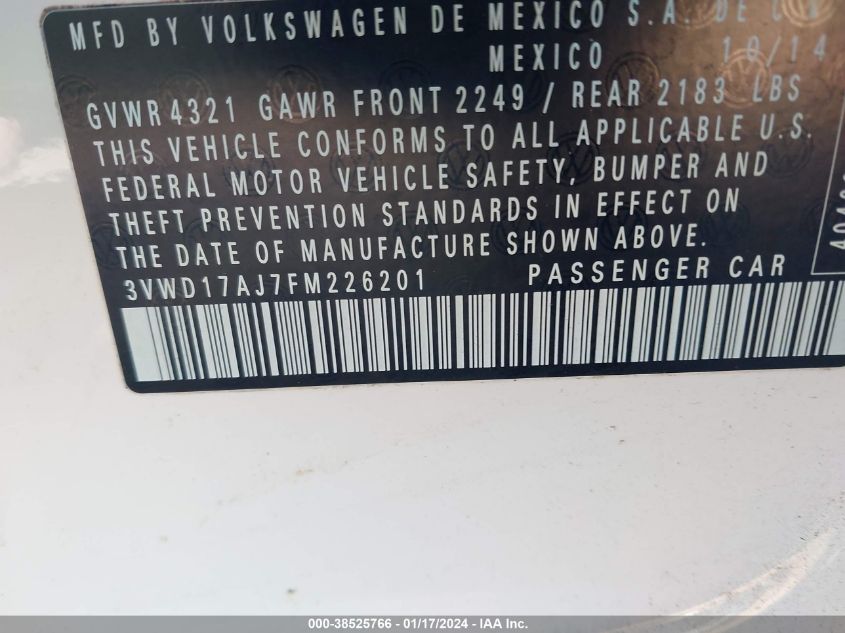 2015 VOLKSWAGEN JETTA 1.8T SPORT - 3VWD17AJ7FM226201