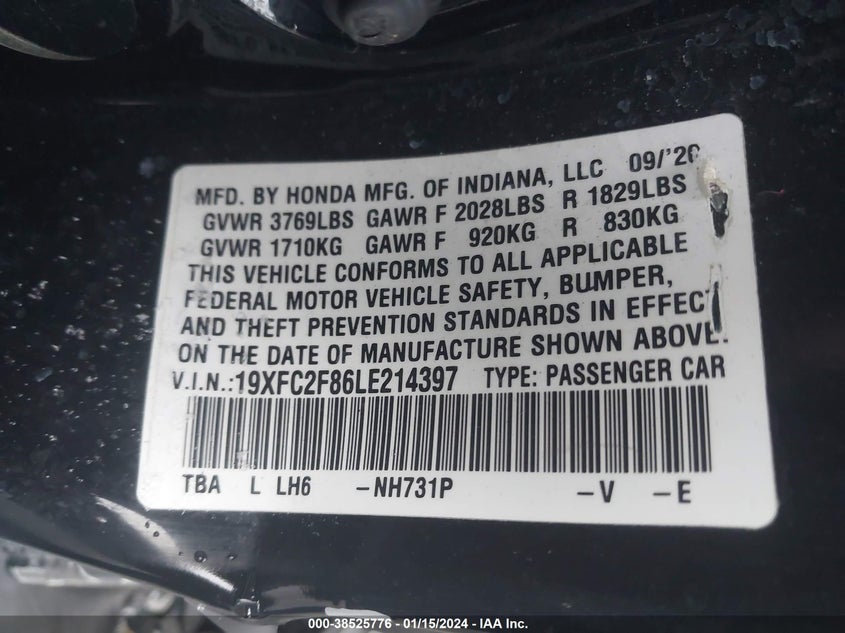 VIN 19XFC2F86LE214397 2020 HONDA CIVIC SPORT