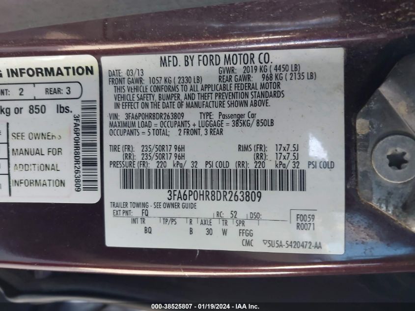 2013 FORD FUSION SE - 3FA6P0HR8DR263809