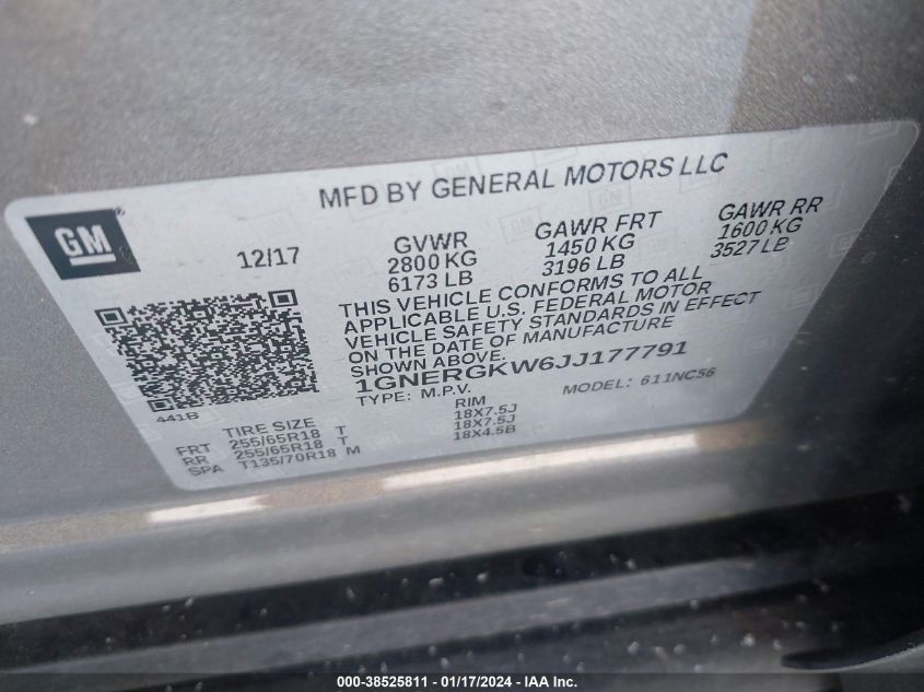 2018 CHEVROLET TRAVERSE LT - 1GNERGKW6JJ177791
