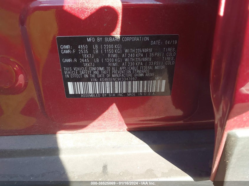 VIN 4S4BSENC9K3347097 2019 SUBARU OUTBACK 3.6R LIMITED