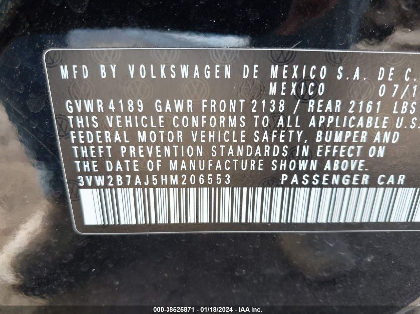2017 VOLKSWAGEN JETTA S - 3VW2B7AJ5HM206553