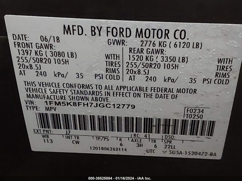 2018 FORD EXPLORER LIMITED - 1FM5K8FH7JGC12779