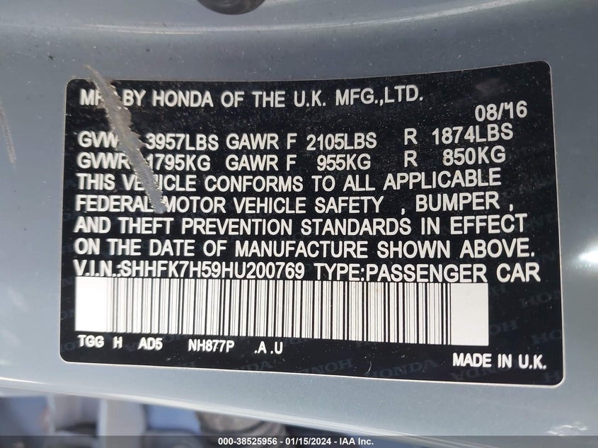 VIN SHHFK7H59HU200769 2017 HONDA CIVIC EX