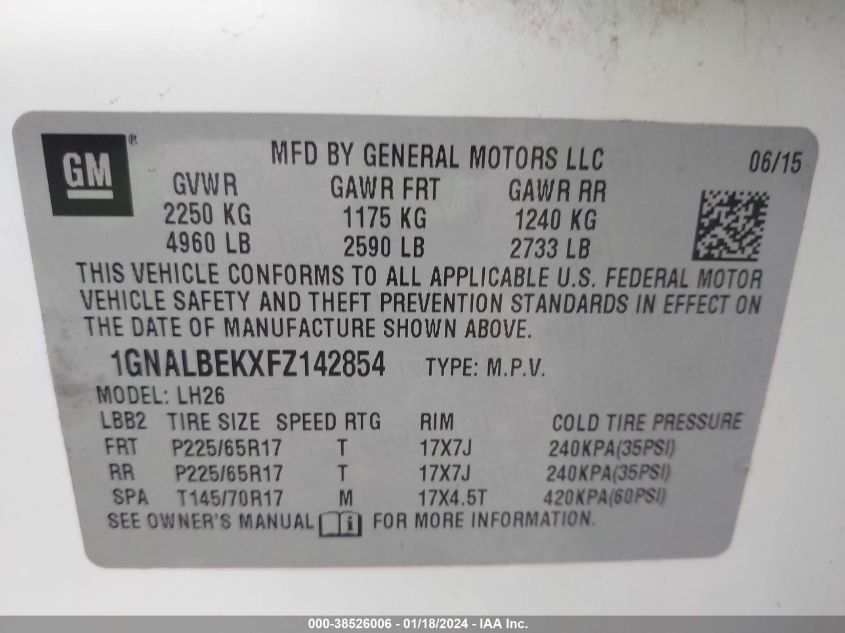 2015 CHEVROLET EQUINOX 1LT - 1GNALBEKXFZ142854