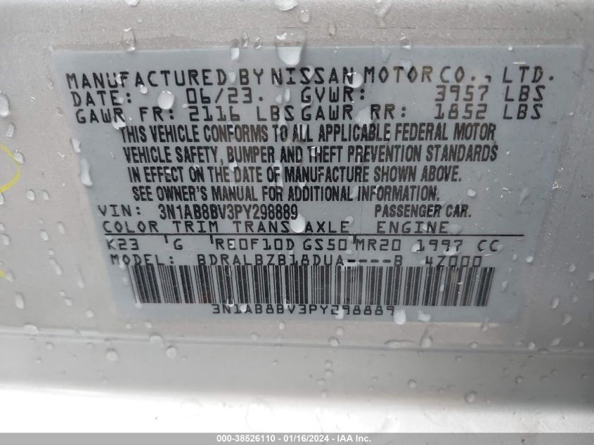 2023 NISSAN SENTRA S XTRONIC CVT - 3N1AB8BV3PY298889