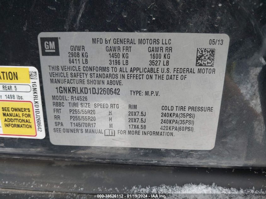 2013 CHEVROLET TRAVERSE LTZ - 1GNKRLKD1DJ260642