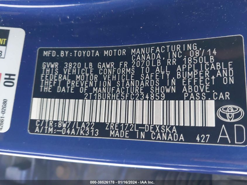 2015 TOYOTA COROLLA L/LE/LE PLS/PRM/S/S PLS - 2T1BURHE5FC234859