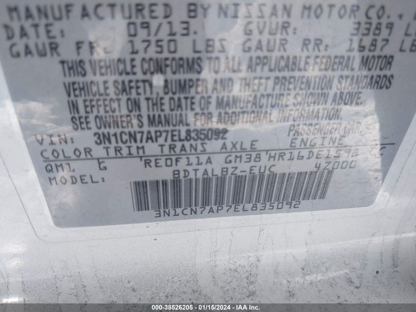 2014 NISSAN VERSA S/S PLUS/SV/SL - 3N1CN7AP7EL835092