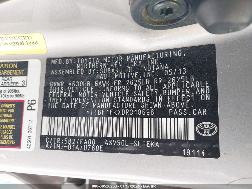 2013 TOYOTA CAMRY L - 4T4BF1FKXDR318696