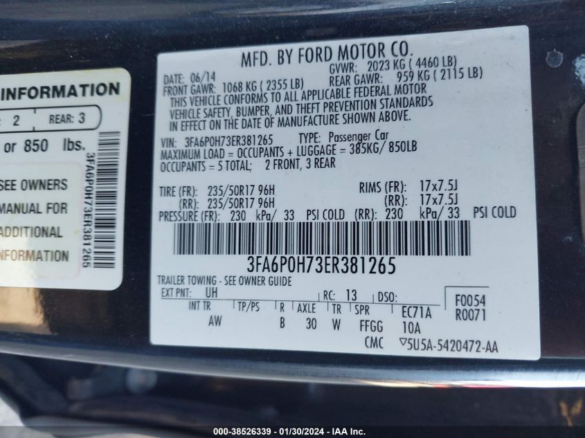 2014 FORD FUSION SE - 3FA6P0H73ER381265