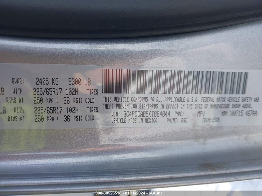VIN 3C4PDCAB5KT864844 2019 DODGE JOURNEY SE VALUE PACKAGE